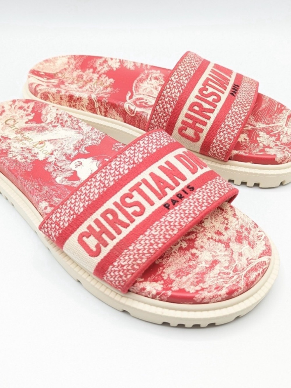 Christian Dior - Embroidered Raspberry Toile de Jouy Dway Slides